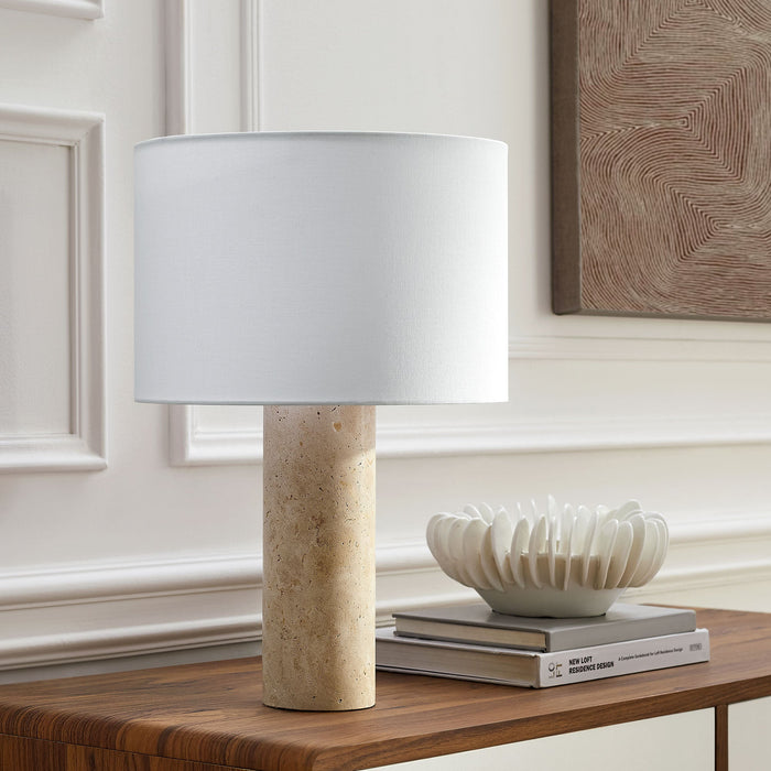 Zenith Travertine Table Lamp With Fabric Drum Shade