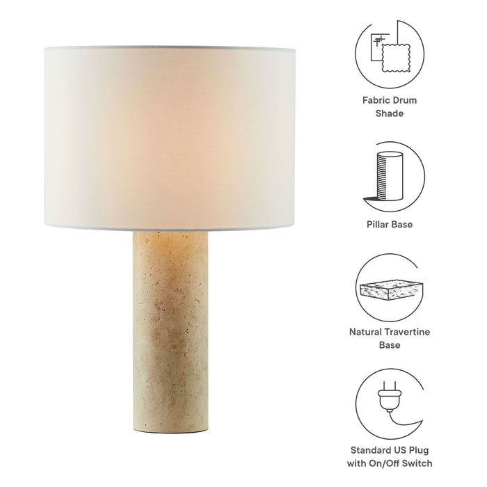 Zenith Travertine Table Lamp With Fabric Drum Shade