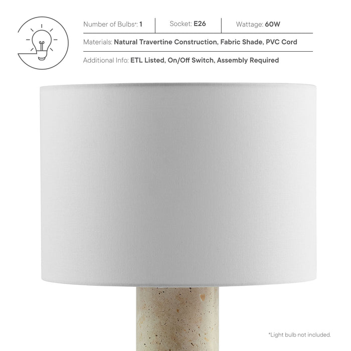 Zenith Travertine Table Lamp With Fabric Drum Shade