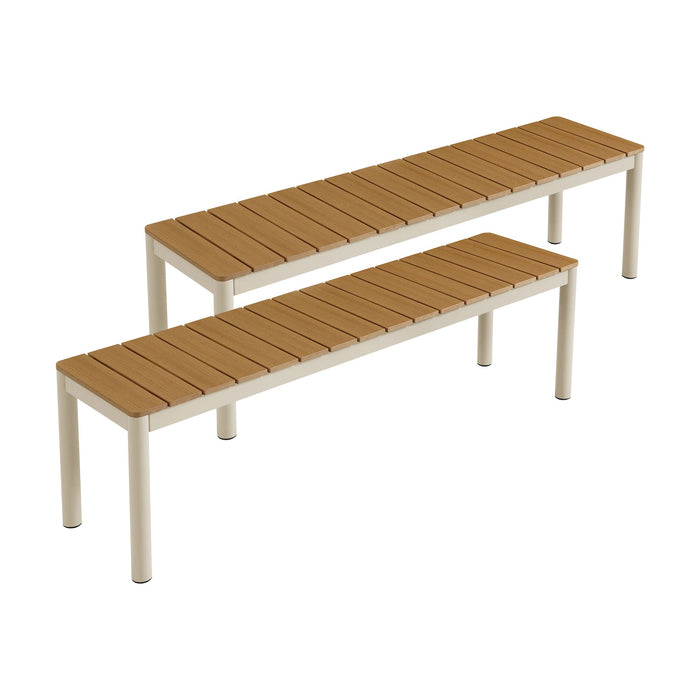 Finn Outdoor Patio Aluminum Bench with Faux Wood Top Set of 2 Natural