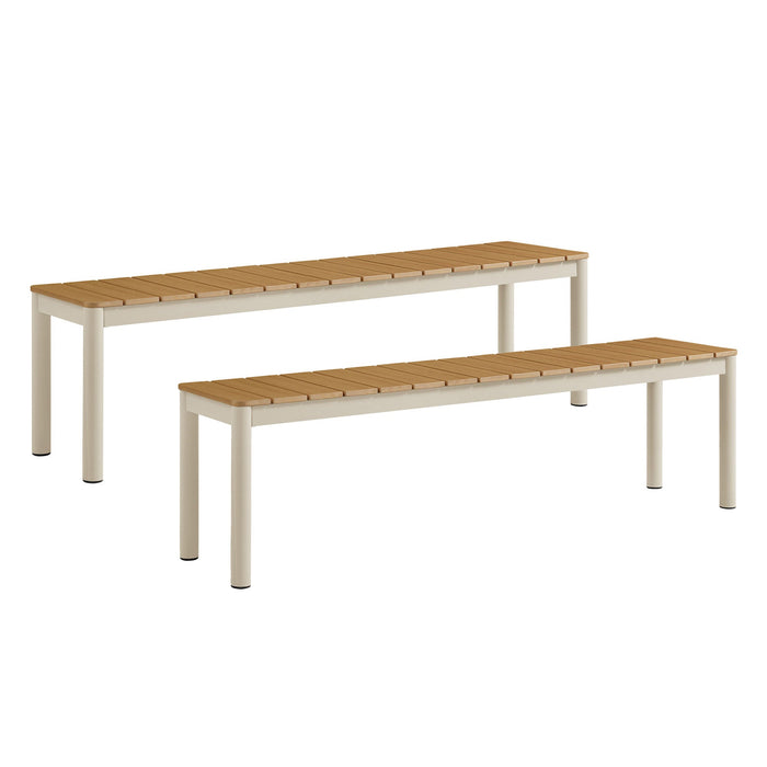 Finn Outdoor Patio Aluminum Bench with Faux Wood Top Set of 2 Natural