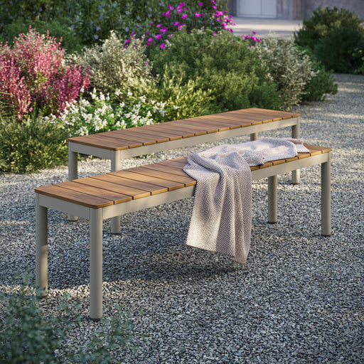Finn Outdoor Patio Aluminum Bench with Faux Wood Top Set of 2 Natural