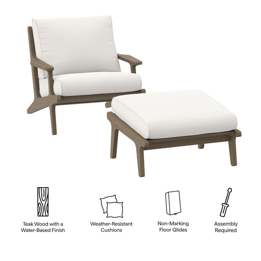 Modway Saratoga Outdoor Patio Teak Wood Chair and Ottoman Set Living Room Furniture in White - Side View