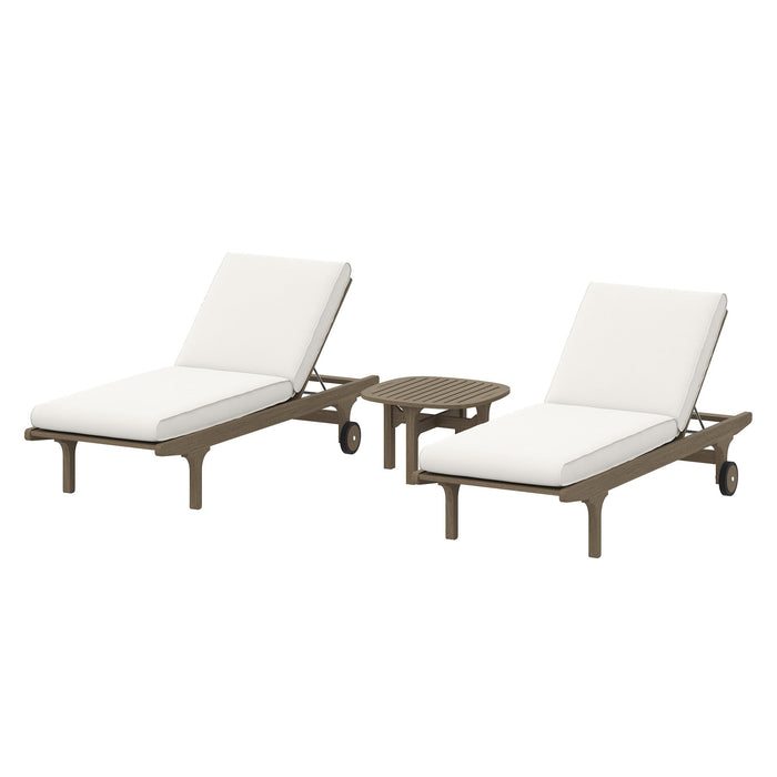 Modway Saratoga Outdoor Patio Teak Wood 3-Piece Chaise Lounge Furniture Set in White