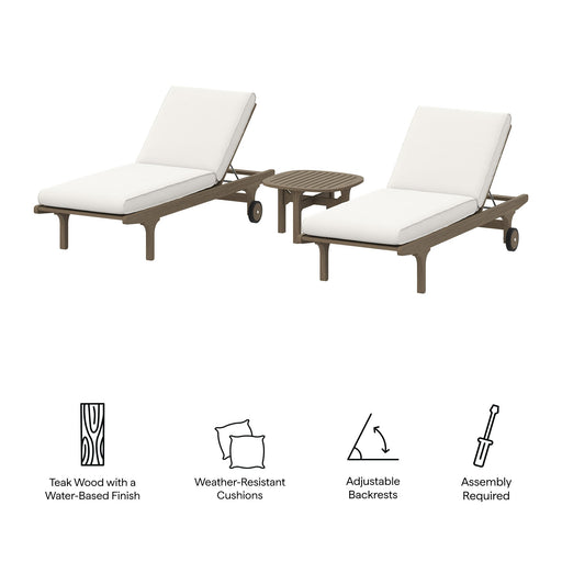 Modway Saratoga Outdoor Patio Teak Wood 3-Piece Chaise Lounge Furniture Set in White - Side View