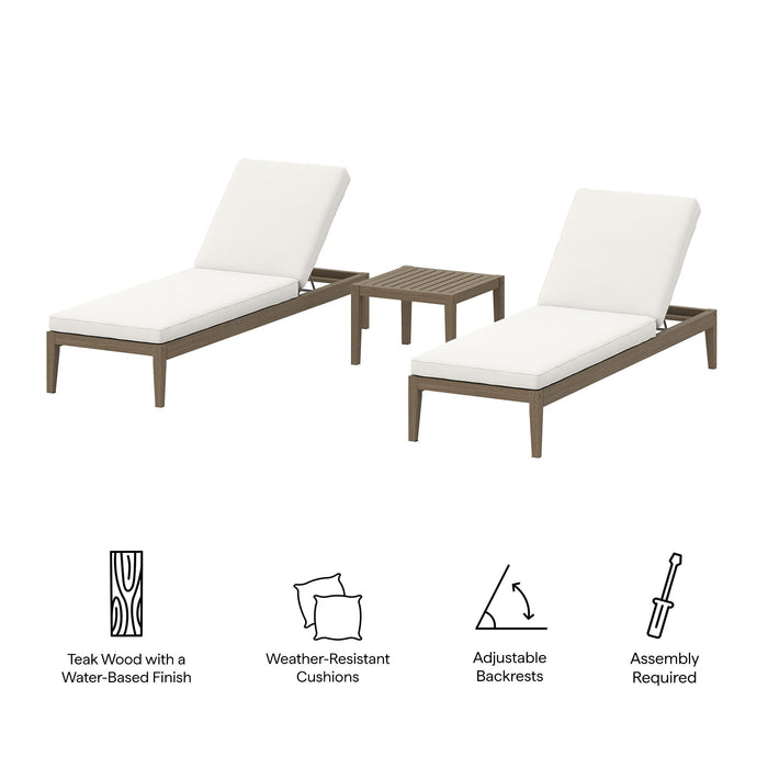Northlake 3-Piece Outdoor Patio Teak Wood Furniture Set with Chaise Lounges and Side Table