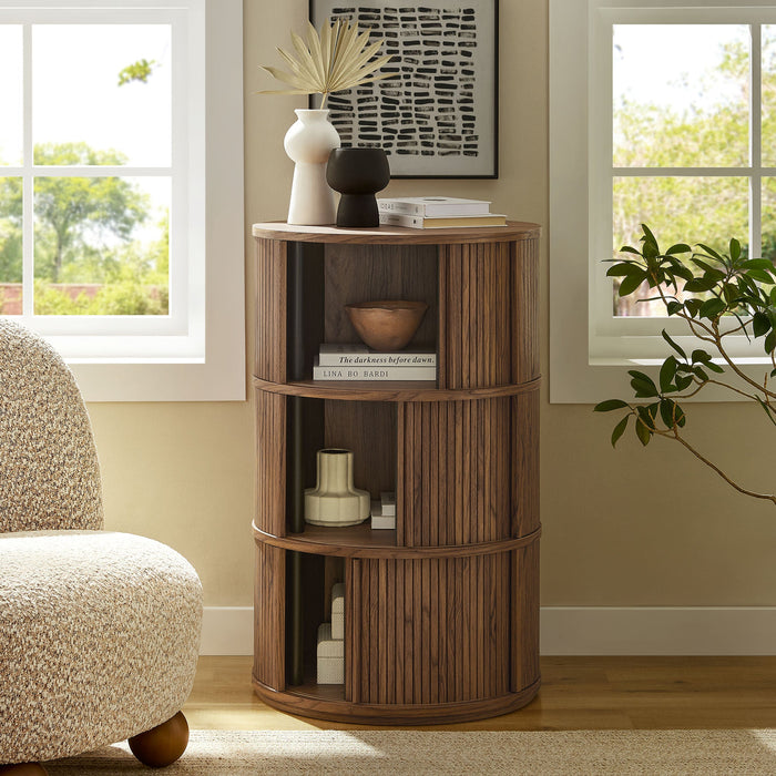 Clement Round Pedestal Stand Storage Table With Sliding Tambour Doors