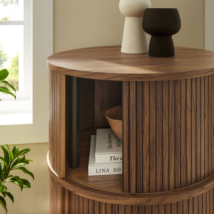 Clement Round Pedestal Stand Storage Table With Sliding Tambour Doors