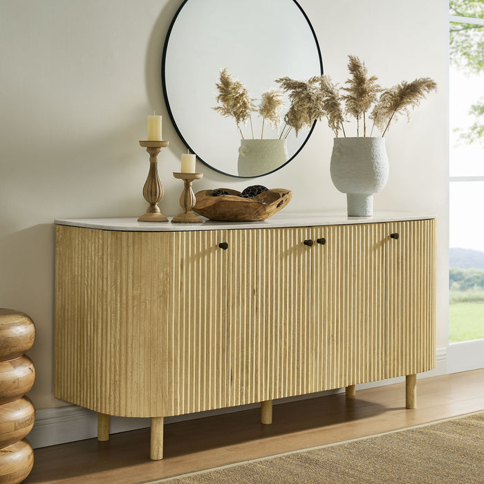 Caldera 60" Curved Solid Wood and Marble Sideboard Storage Cabinet