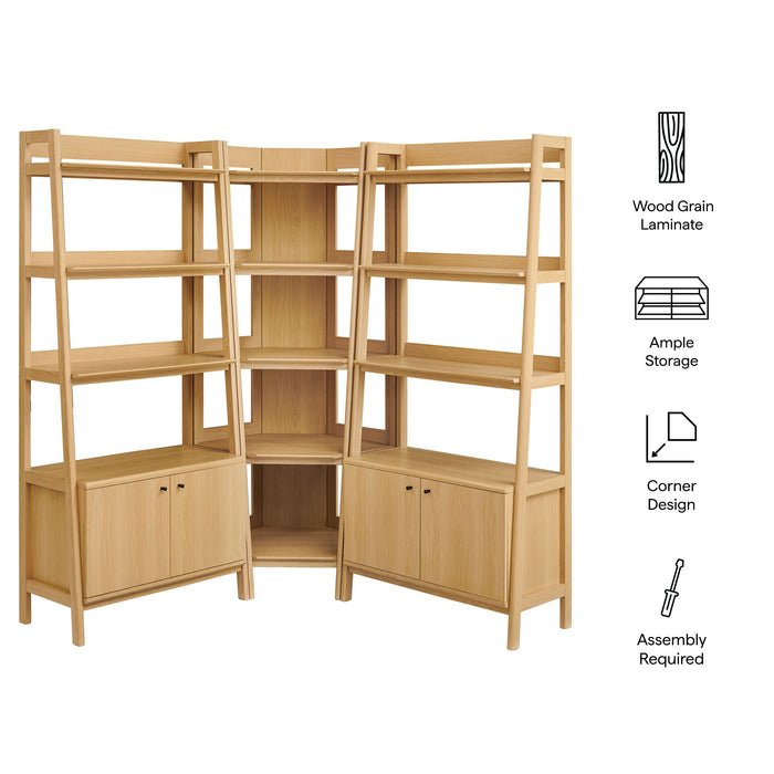 Bixby 3-Piece Corner Bookshelf Set with Wide Bookshelves Oak