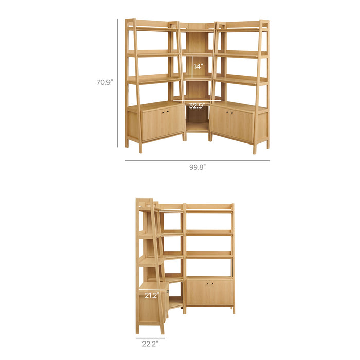 Bixby 3-Piece Corner Bookshelf Set with Wide Bookshelves Oak