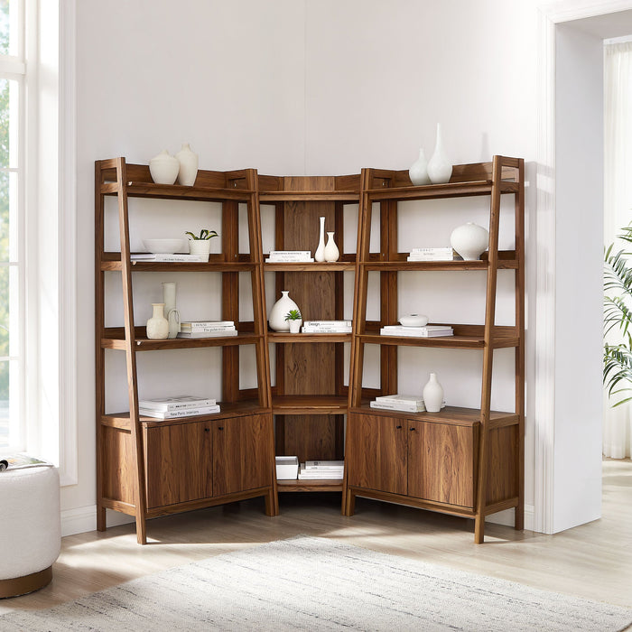 Bixby 3-Piece Corner Bookshelf Set with Wide Bookshelves Walnut