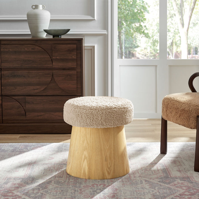 Ketra Round Faux Shearling Ottoman Footstool Oatmeal Oak