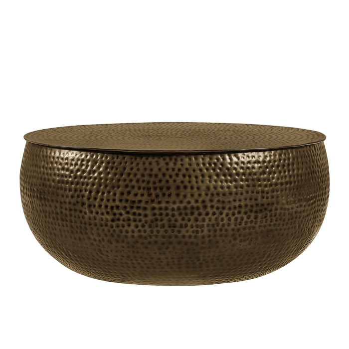 Modway Tobin 35 Inch Hammered Metal Round Drum Coffee Table in Antique Brass - front view