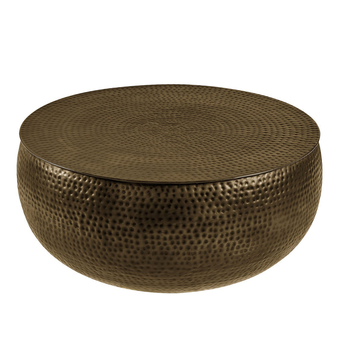 Modway Tobin 35 Inch Hammered Metal Round Drum Coffee Table in Antique Brass - angled view