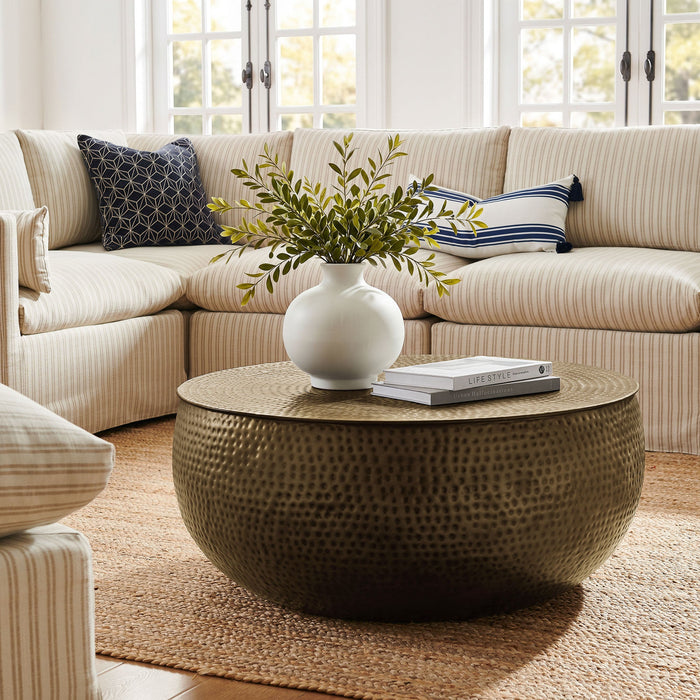 Modway Tobin 35 Inch Hammered Metal Round Drum Coffee Table in Antique Brass - lifestyle view