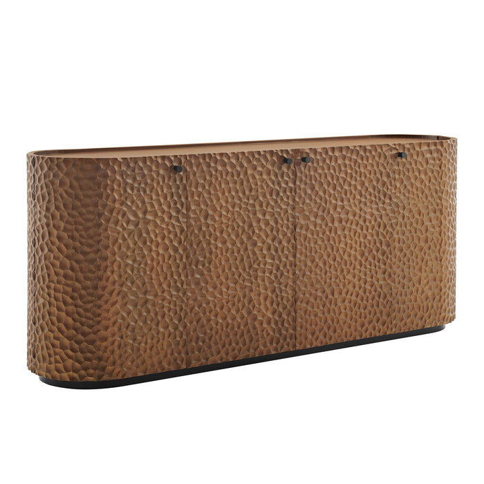 Aven 71.5 Inch Oval Chiseled Wood Sideboard Buffet Cabinet with Hammered Effect Walnut