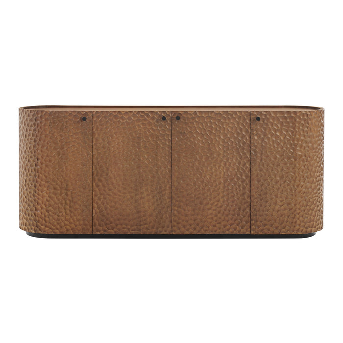 Aven 71.5 Inch Oval Chiseled Wood Sideboard Buffet Cabinet with Hammered Effect Walnut