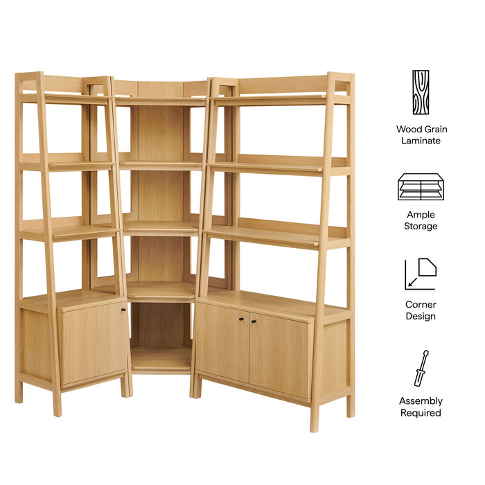 Bixby 3 Piece Corner Bookshelf Set With Wide and Narrow Bookshelves Oak