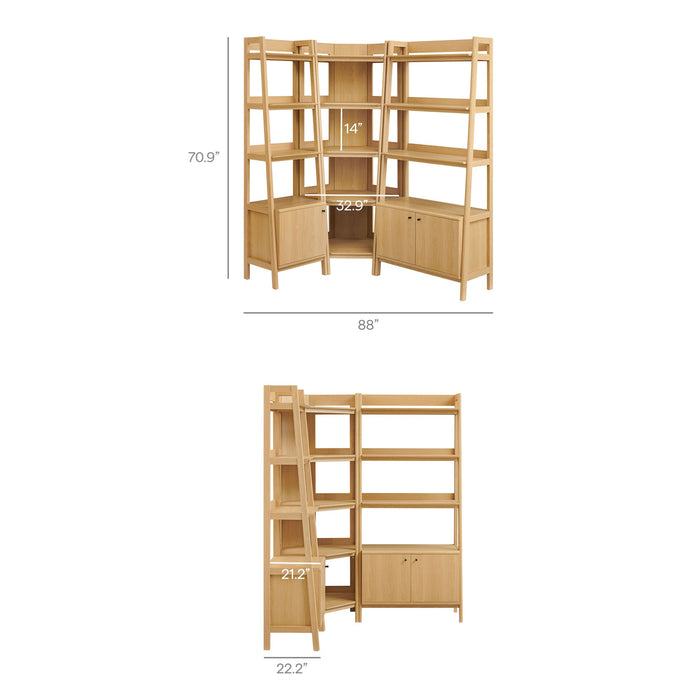 Bixby 3 Piece Corner Bookshelf Set With Wide and Narrow Bookshelves Oak