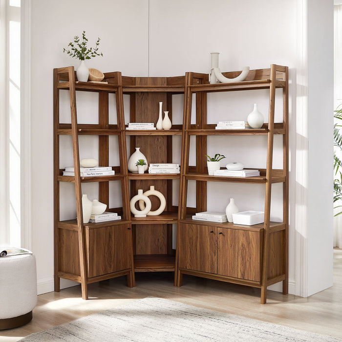Bixby 3 Piece Corner Bookshelf Set With Wide and Narrow Bookshelves Walnut