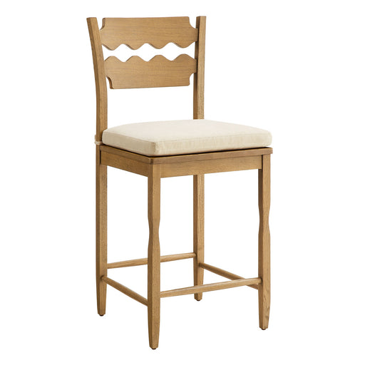 Jax Oak Wood Counter Stool With Wavy Razor Back and Cushion Weathered Oak Linen