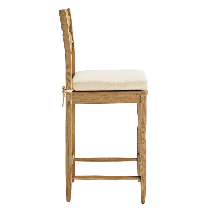 Jax Oak Wood Counter Stool With Wavy Razor Back and Cushion Weathered Oak Linen