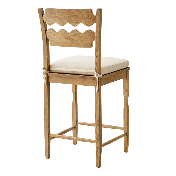 Jax Oak Wood Counter Stool With Wavy Razor Back and Cushion Weathered Oak Linen