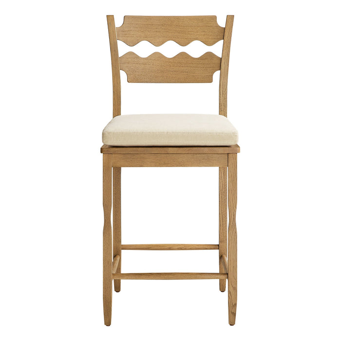 Jax Oak Wood Counter Stool With Wavy Razor Back and Cushion Weathered Oak Linen
