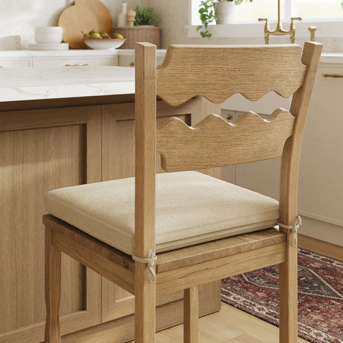 Jax Oak Wood Counter Stool With Wavy Razor Back and Cushion Weathered Oak Linen