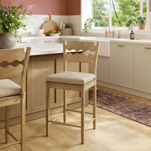 Jax Oak Wood Counter Stool With Wavy Razor Back and Cushion Weathered Oak Linen