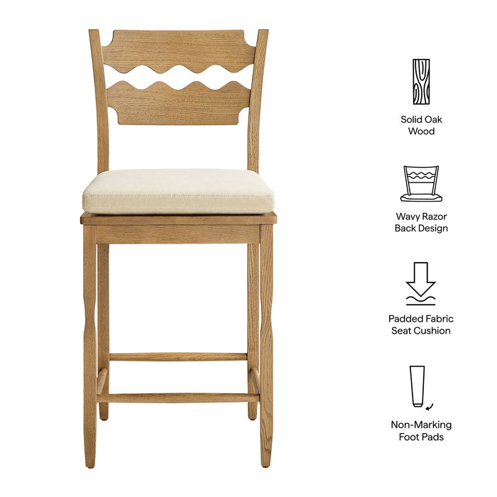 Jax Oak Wood Counter Stool With Wavy Razor Back and Cushion Weathered Oak Linen