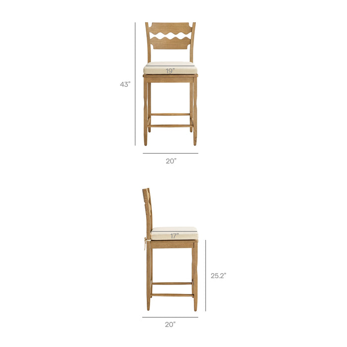 Jax Oak Wood Counter Stool With Wavy Razor Back and Cushion Weathered Oak Linen