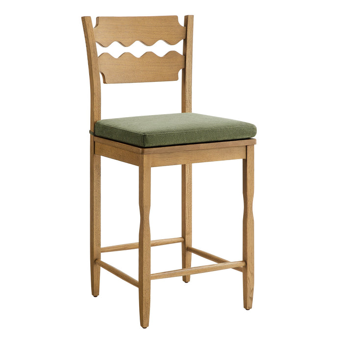 Jax Oak Wood Counter Stool With Wavy Razor Back and Cushion Weathered Oak Sage