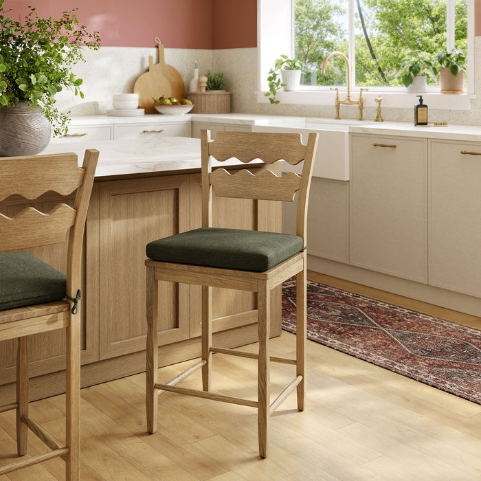 Jax Oak Wood Counter Stool With Wavy Razor Back and Cushion Weathered Oak Sage