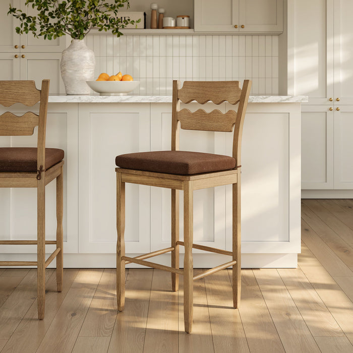 Jax Oak Wood Bar Stool With Wavy Razor Back and Cushion Weathered Oak Cocoa