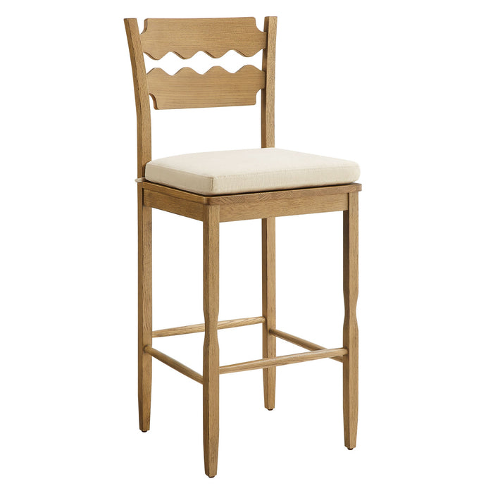 Jax Oak Wood Bar Stool With Wavy Razor Back and Cushion Weathered Oak Linen
