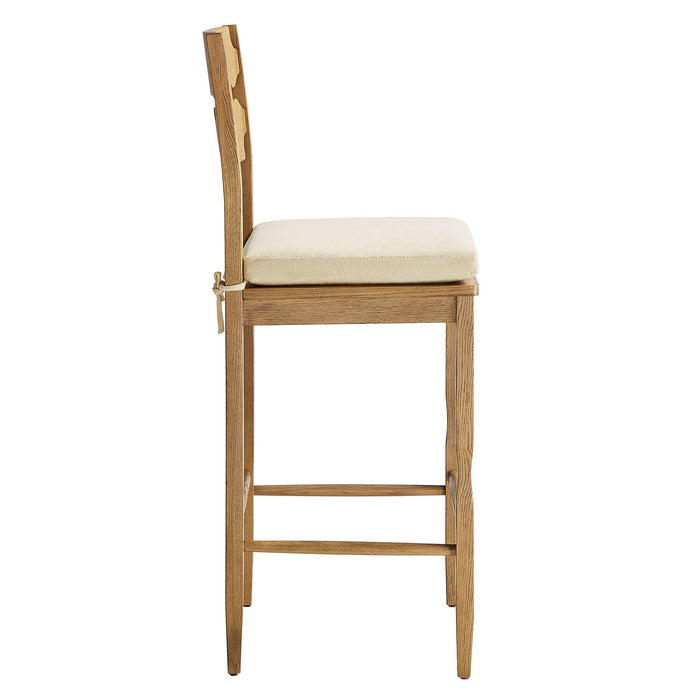 Jax Oak Wood Bar Stool With Wavy Razor Back and Cushion Weathered Oak Linen