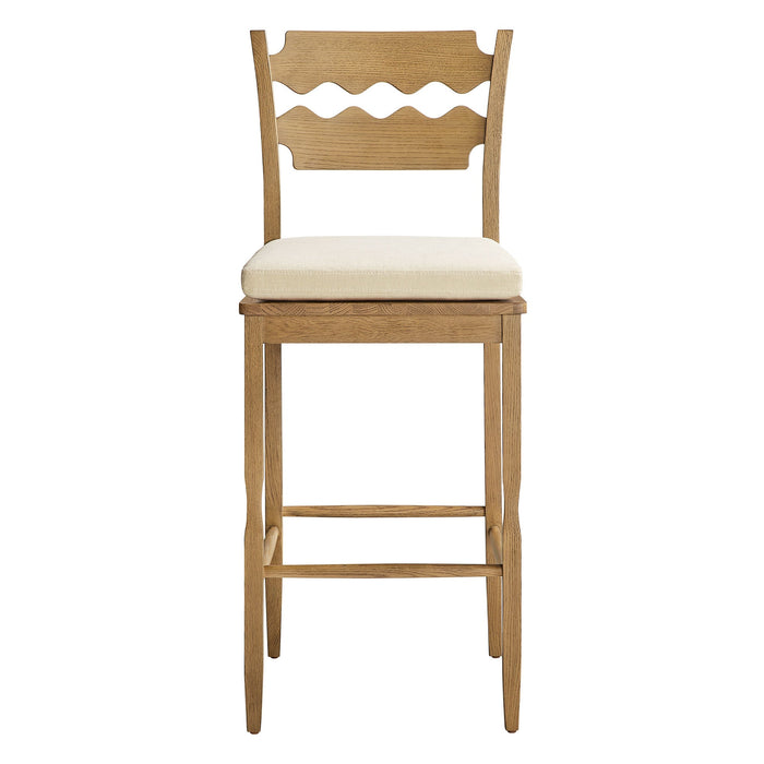Jax Oak Wood Bar Stool With Wavy Razor Back and Cushion Weathered Oak Linen