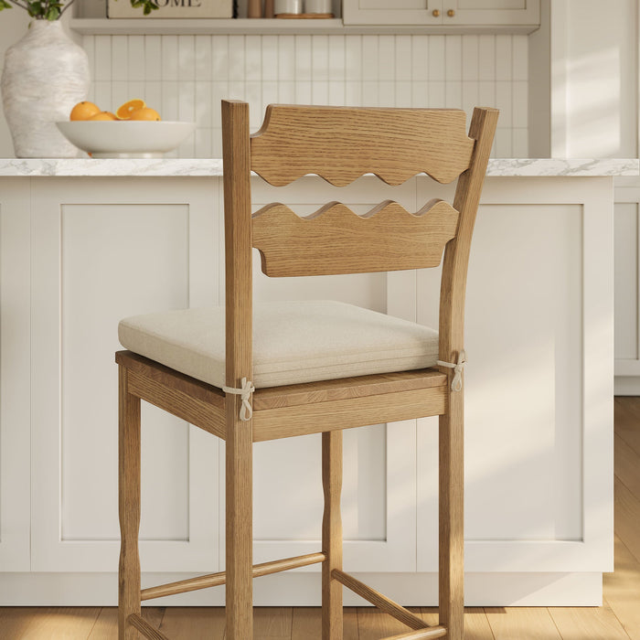 Jax Oak Wood Bar Stool With Wavy Razor Back and Cushion Weathered Oak Linen