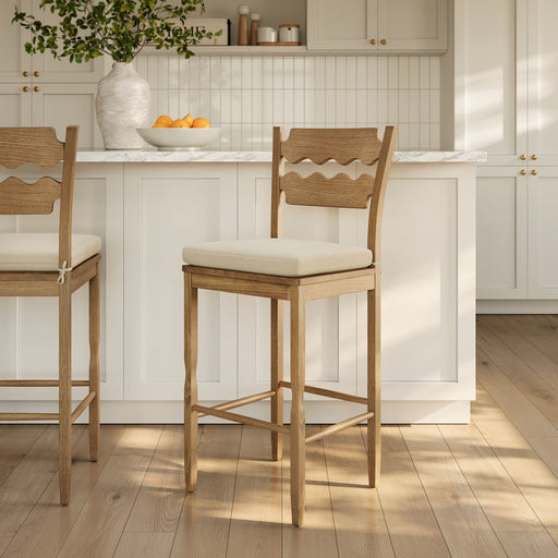 Jax Oak Wood Bar Stool With Wavy Razor Back and Cushion Weathered Oak Linen