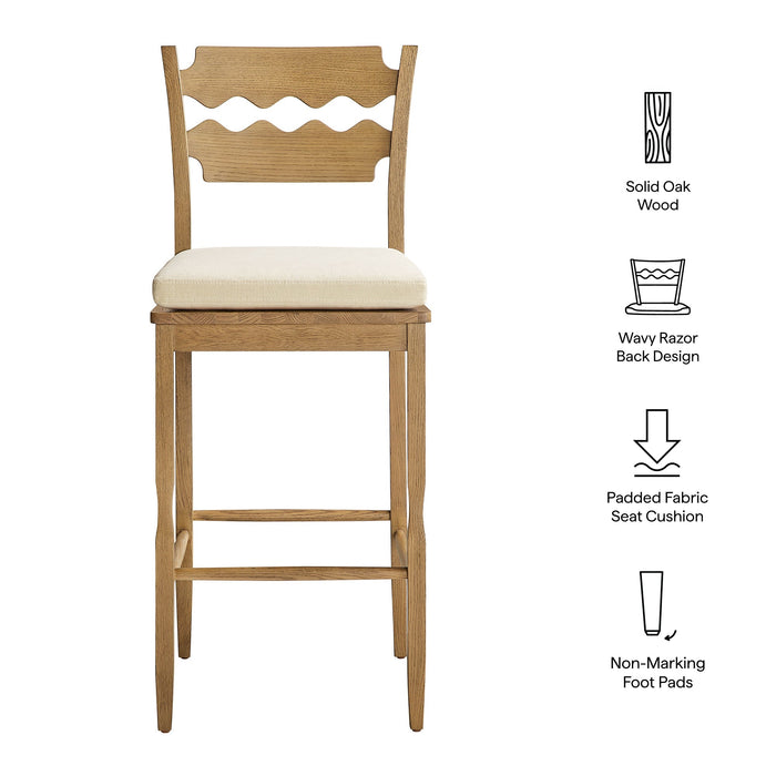 Jax Oak Wood Bar Stool With Wavy Razor Back and Cushion Weathered Oak Linen