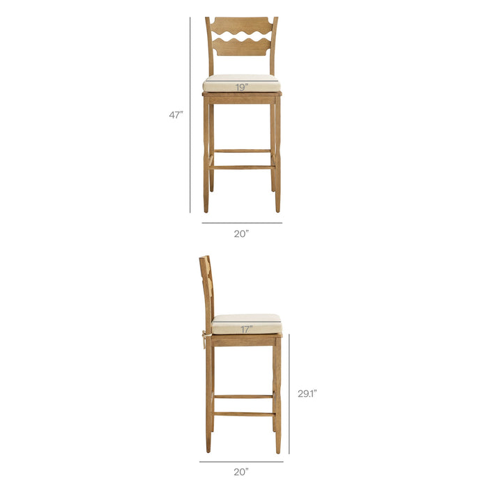 Jax Oak Wood Bar Stool With Wavy Razor Back and Cushion Weathered Oak Linen