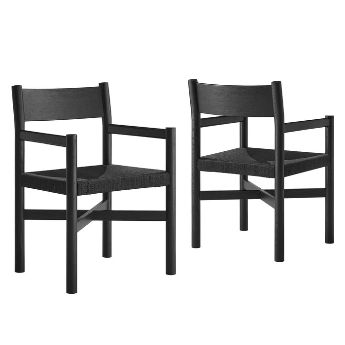 Modway Alvia Oak Wood Dining Armchairs With Woven Seats Set of 2 in Black - front view