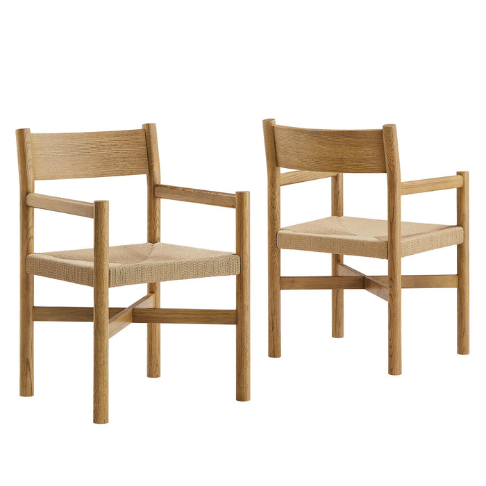 Modway Alvia Oak Wood Dining Armchairs With Woven Seats Set of 2 in Weathered Oak - front view