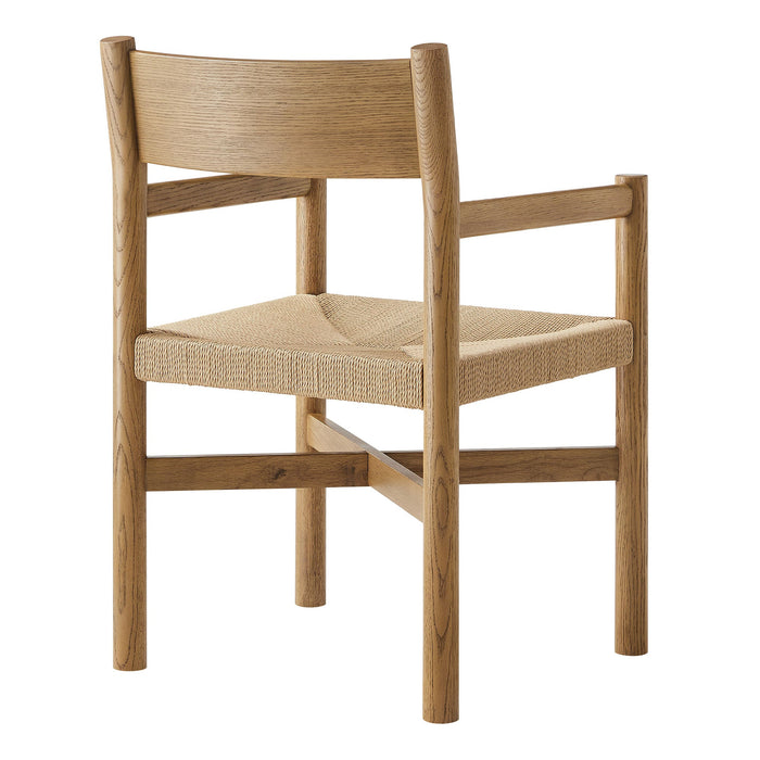 Modway Alvia Oak Wood Dining Armchairs With Woven Seats Set of 2 in Weathered Oak - detail view