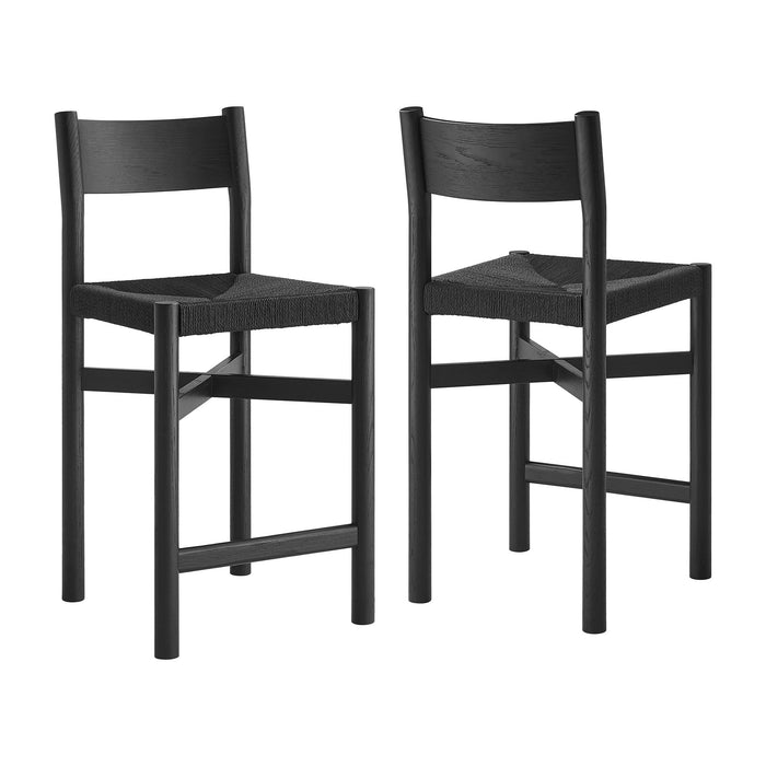 Modway Alvia Oak Wood Counter Stools With Woven Seats Set of 2 in Black - front view