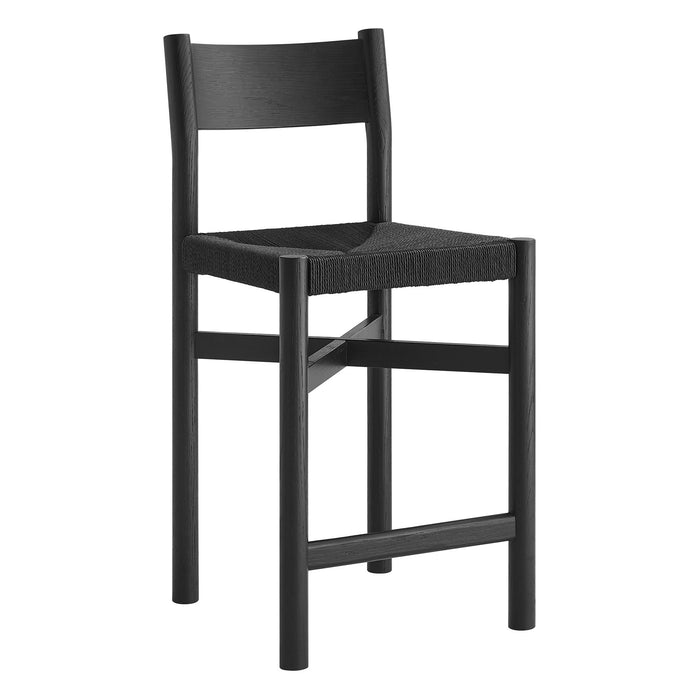 Modway Alvia Oak Wood Counter Stools With Woven Seats Set of 2 in Black - angled view