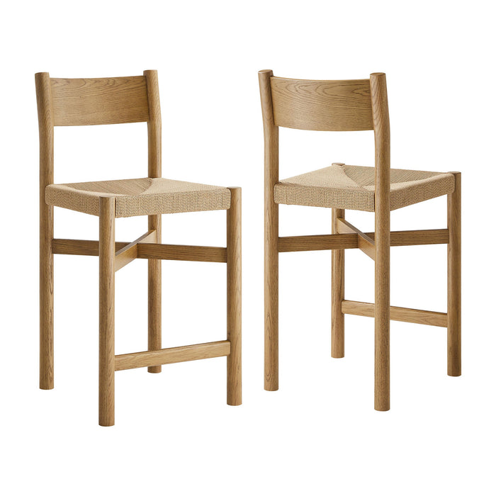 Modway Alvia Oak Wood Counter Stools With Woven Seats Set of 2 in Weathered Oak - front view