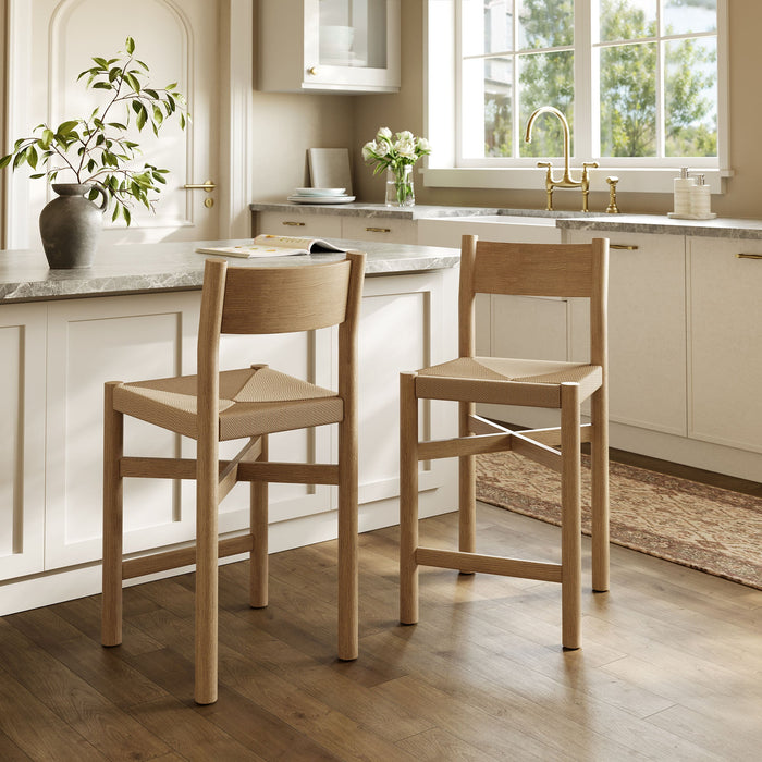 Modway Alvia Oak Wood Counter Stools With Woven Seats Set of 2 in Weathered Oak - lifestyle view 13